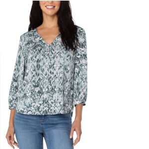 Liverpool Printed V Neck Long Sleeve Button Blouse size XL misty sage ikat